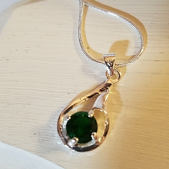 Emerald Faux Stone Silver Tone Necklace 24" - Picture 2 of 3